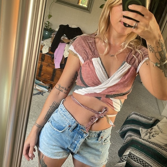 Free People Rustic Boho Linen Oberoi Wrap Crop Top - Picture 7 of 14